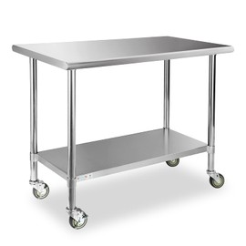 STABLEINK Stainless Steel Table with Caster Wheels 24 x 48 Inches, NSF Commercial Prep & Work Table with Adjustable Undershelf and Table Foot, for Commercial Kitchen, Restaurant, Hotel and Garage