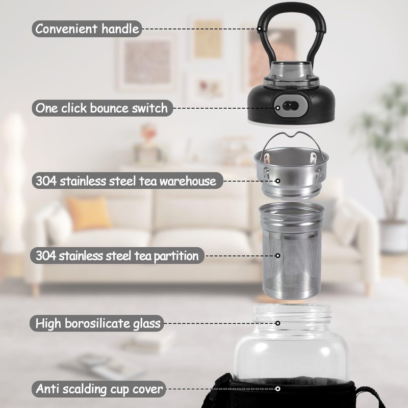 CHPINDAM 34oz tea bottle with infuser - Large Capacity Glass