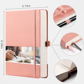 EMSHOI A5 Notebook - 21.4 x 14.5 cm Lined Journal with 256 Numbered Pages, 120gsm Thick Paper, Sticky Notes, 8 Perforated Sheets, Hardback Vegan Leather Notepad for Women Men Writing - Pink