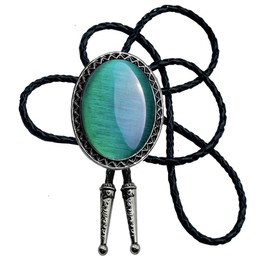 Moranse Bolo Tie with Natural Stone Turquoise Stone Style Genuine and Cowhide Rope More Colors (Emerald Cat Eye)