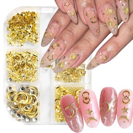 6 Grids 3D Gold Nail Charms Metal Alloy Star Moon Nails Art Studs Hollow Gold Star Nail Rhinestones for Acrylic Nails DIY Accessories Star Nail Gems Jewelry Decoration Kit for Women Nail Art Supplies