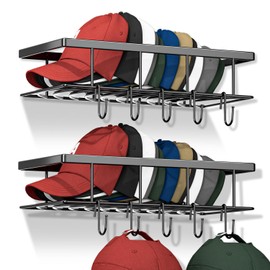 Aimeaihe Metal Hat Racks for Baseball Caps, 2 Packs Wall Mounted Hat Organizer Fit 30 Caps Holder, Sturdy Hat Storage Organizer, The Curved Design Fits the Baseball Cap Perfectly, Comes with 10 Hooks