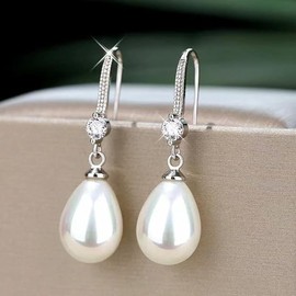 ANNAVA Women's 925 Sterling Silver White Water Drop Pearl Earrings With Cubic Zirconia Crystal Diamond, Fine Pearl Jewelry Gifts for Women (JEE-002)