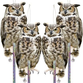 Kungfu Mall 4pcs Hanging Outside Garden Fake Owl with Reflective Tape for Roof Tree Patio Window
