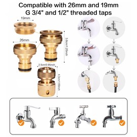 Brass Outside Tap Hose Connector 26mm and 19mm G 3/4" 1/2" inch Outdoor Garden Hose Tap Connector, Brass Threaded Tap Connectors for Hose Pipe to Tap Adapter Hosepipe Fittings