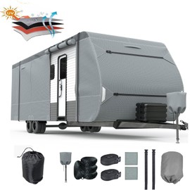 RV Cover Upgraded 8 Layers Top Camper Cover Windproof Travel Trailer Cover for 27' to 30' RV, Tire Cover,Hauler Cover with Tongue Jack Cover, Extra Long Windproof Ropes (Fits 27-30FT)