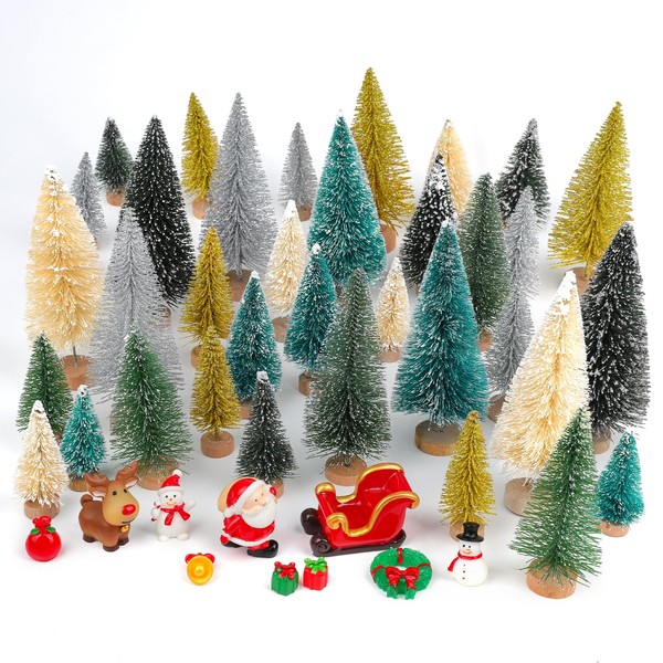 Fangoo 46pcs Mini Bottle Brush Christmas Tree with Small Resin