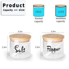 Clear Glass Condiment Pots with Spoon Wooden Lid and Silicone Sealing, Farmhouse Container Jar Dispenser Holder for Home Kitchen,12 oz Labeled "Salt" & "Pepper"