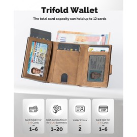 Card Holder Mens Wallet RFID Blocking Leather Minimalist Smart Pop Up Wallet with Zipper Coin Pocket, Trifold Credit Card Holders Wallet, Magnetic Closure, Holds Up to 12 Cards, 2 ID Window