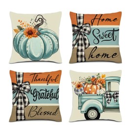 SEGXCFL Fall Pillow Covers 18x18 Set of 4 Vintage Linen Pillow Cover Pumpkin Floral Decorative Farmhouse Home Decor for Couch Bed Living Room Blue White Pillow Case