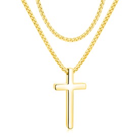 Moguri Cross Necklace for Men, 60 cm Stainless Steel Pendant Crosses, Chain, Jewellery, Gift Box for Boys, Includes 1 x 45 cm Long Replacement Chain, Gold