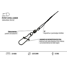 PetrisCatch Set of 10 Steel Leaders with Carabiner for Pike, 25 cm, 20 kg, 0.5 mm, 1 x 7