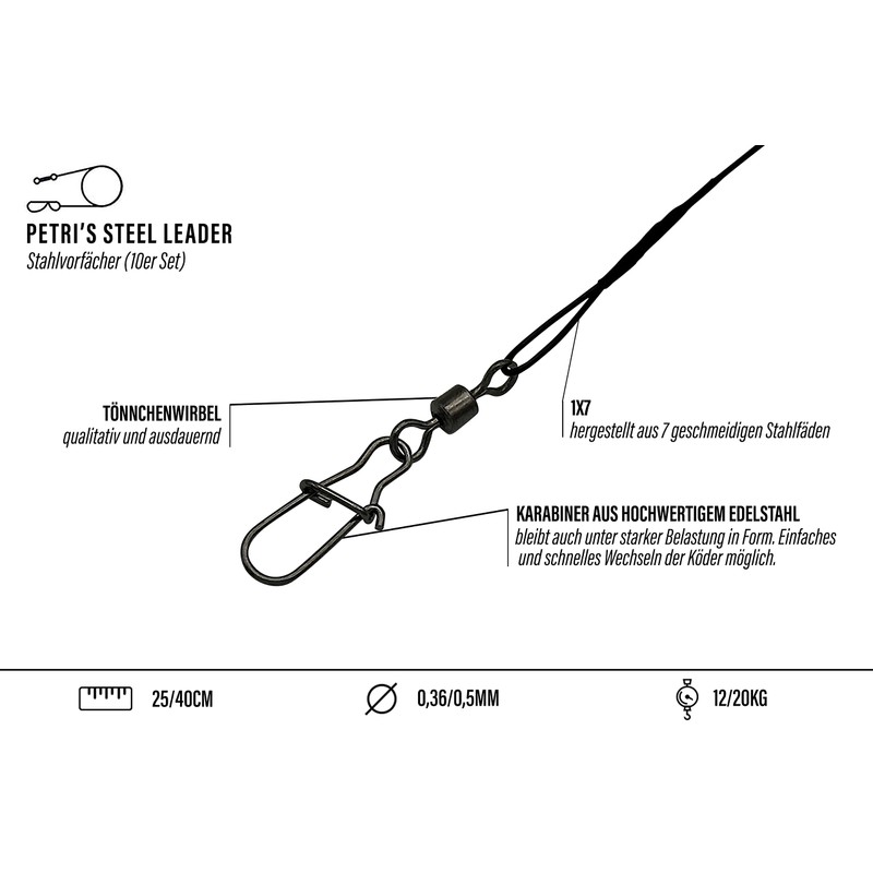 PetrisCatch Set of 10 Steel Leaders with Carabiner for Pike,