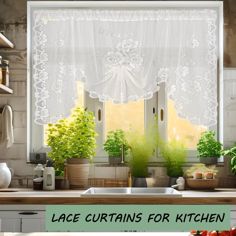 Jayla White Semi-Sheer Floral Lace Curtain Swag for Kitchen Half