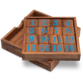 LOGOPLAY Slide 15 - Sliding Game - Calculation Game - Thinking Game - Puzzle Game - Patience Game - Wooden Logic Game with Blue Numbers
