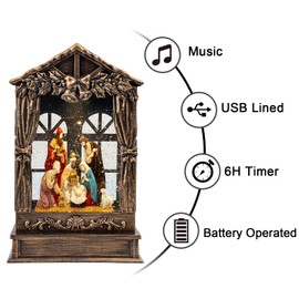 Christmas Snow Globe Lighted Manger Nativity Scene, Musical Window Water Lantern Play Silent Night Music in Swirling Glitter, Holiday Decorations Gifts for Family, Children or Friends