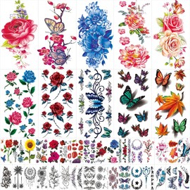 Flowers Temporary Tattoos Stickers, Roses, Butterflies and Multi-Coloured Mixed Style Body Art Temporary Tattoos for Women, Girls or Kids，Fake tattoos 42 Sheets (Include 10 Sheets Large Stickers)