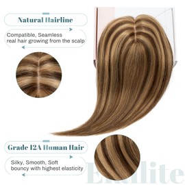 Elailite Real Hair Topper, Clip-In Toupee, Women's Silk Base Clip-In Hairpiece, 130% Density Remy Silk Base, Straight, 25 cm, 35 g, #4/27 Medium Brown and Dark Blonde