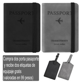 4 PCS Cartera para Pasaporte RFID con Juego de Etiquetas para Equipaje, Porta Pasaporte, Pasaporte Funda para Hombres y Mujeres Cierre Banda Elástica, Los Mejores Accesorios de Viaje (Negro+Gris)