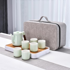 SILINE Boutique Chinese Ceramic Tea Set,Suet Jade Porcelain Teapot and 6 Tea Cups,Tea Tray and Portable Gift Bag for Home,Office,Travel,Outdoor (Green)