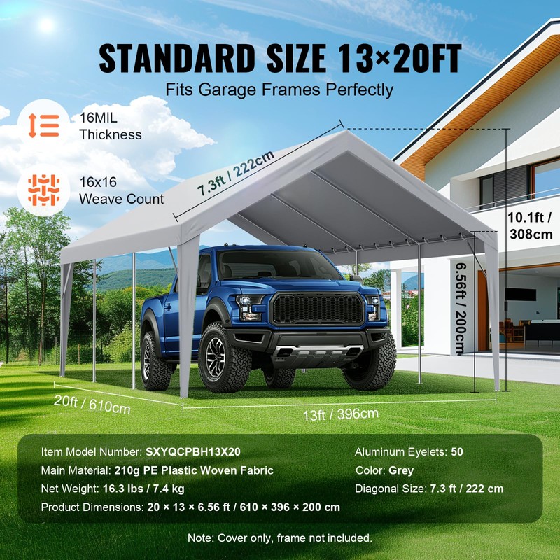 VEVOR Carport Replacement Canopy Cover 13 x 20 ft, Garage