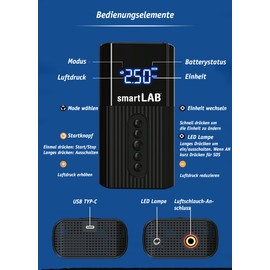 smartLAB pump1 smarter Akku-Luftpumpe elektrisch mit max. 150 PSI | Kompressor für Auto und Fahrrad | Fahrradpumpe für alle Ventile | Schnelles Pumpen für viele Anwendungen durch großen Motor und Akku