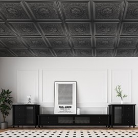 WOWSTAR 12-Pack 24"x24" Drop Ceiling Tiles, Waterproof Glue up Ceiling Panels, Vintage Style 3D Ceiling Tiles, Ceiling Decor, Black