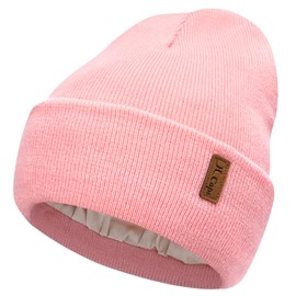 Bequemer Laden Womens Winter Warm Satin Lined Knit Beanie Hat Slouchy Skull Caps Silk Lining Ski Hats for Women Pink