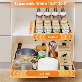 RESENSTORE Bamboo Pull Out Cabinet Organizer, Adjustable Width（13.4"-20.5"） Slide Out Drawers for Kitchen Cabinets,Fixed with Nano Adhesive Film for Kitchen Base Cabinet Pantry Bathroom Organization
