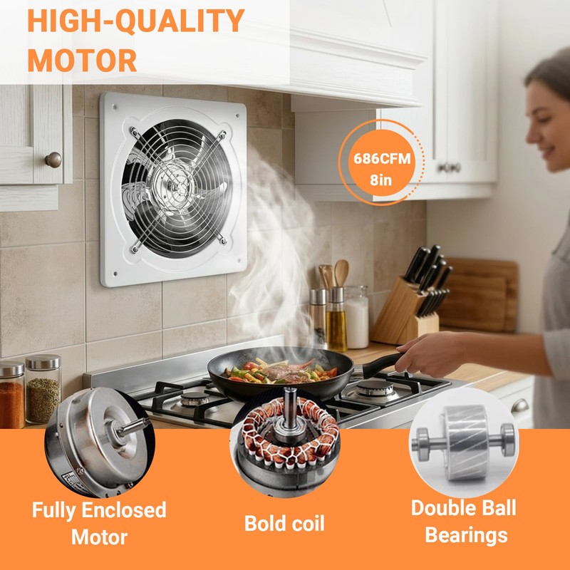 8" Kitchen Exhaust Fan with Variable Speed Controller, 686CFM Wall