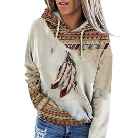 Lanaoree Women Aztec PrintDrawstring Pullover Hoodies Casual Long Sleeve Tops Western Fashion Sweatshirts with Pocket 2X-Large