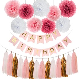 Pink Gold Birthday Party Decorations Set, pink Gold Glittery Happy Birthday banner, Tissue Paper Pom, Tassel Garland for Party Decorations for Women