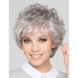 Short Grey Curly Wigs for White Women Sliver Gray Synthetic Wig with Bangs Full Puffy Curly Grey Short Wig