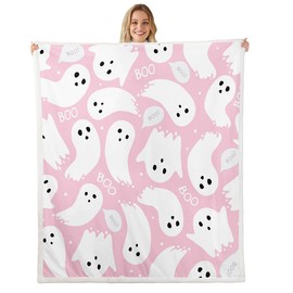 Manta de sherpa rosa de Halloween de 50 x 60 pulgadas, manta de forro polar de fantasma rosa de dibujos animados para cama, sofá, sofá, niños, manta de felpa kawaii, manta de felpa rosada, manta de franela para recámara