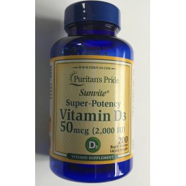 Puritan's Pride Vitamin D3 2000 IU - 200 Softgels Exp 12/25 Blue Bottle