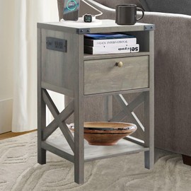 Rainbow Sophia Nightstand with Charging Station, Modern End Table with Drawer, Bedside Table with Open Storage, Washed Oak
