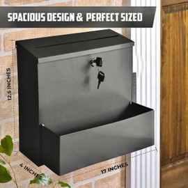 MDYMNRCH Wall Mount Mailbox, Locking Mailbox, Decor Shelf & Outgoing Mail Slot, Large Capacity Wall Mailbox, Mail Boxes for Outside, Galvanized Steel, 17"x12.5"x4" Black