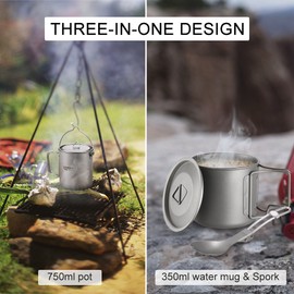 Lixada Lightweight Titanium 3 Pieces Set Titanium 750ml Pot 350ml Water Cup Mug with Lid Collapsible Handle Folding Spork for Outdoor Camping Hiking Backpacking