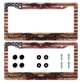 American Flag License Plate Frame 2 Pack Bald Eagle USA Flag License Plate Personalise Stainless Steel Rust-Proof Auto Parts Funny License Plate Frames Decoration for Men Women