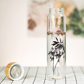 Ferexer 32 oz Glass Water Bottle with Straw, Wide Mouth Borosilicate Glass Bottle with Bamboo Lid and Neoprene Sleeve (32oz, Bamboo)