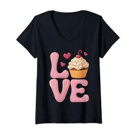 Womens Cute Cupcake Love Valentine's Day Heart Gifts Tee V-Neck T-Shirt
