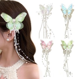 BSITSSS 4 PCS Butterfly Hair Clips, Fairy Hair Accessories with Tassels, Non Slip Sparkly Pearl Butterfly Clips for Hair Women Girls Straight Wavy Curly Thick Thin Hair