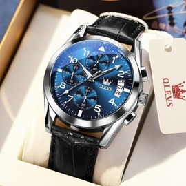 OLEVS Black Leather Watches for Men Blue Mens Big Face Watches Chronograph Men Luxury Watches with Date Dress Men's Leather Watch Waterproof Business Men's Wrist Watches Quartz Reloj para Hombre