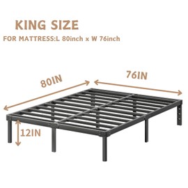 ZIYOO 12 Inch King Size Metal Platform Bed Frame with Heavy-Duty Steel Slat Support, No Box Spring Needed, Under Bed Storage Space, Easy Assembly, Noise-Free, Sturdy & Durable, Black