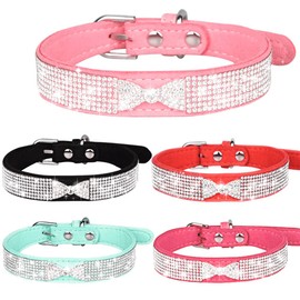 Small Dog Collar Puppy Cat Collars Diamond Bling Girl Rhinestone Cute Bowtie Female Boy Little Pet kitten Collar Fashion Hot Rose Red XS