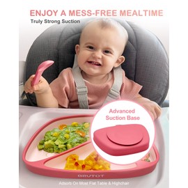 Qyeejong Non-Slip Suction Plates for Baby Toddler, BPA Free Silicone Toddler Plates with Suction for Self Feeding & Baby Led Weaning, Divided Dishes and Spoon Set, Non-Toxic, Dishwasher Safe