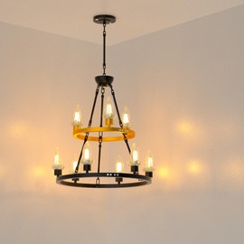 Lightdot 2 Tier Wagon Wheel Chandelier, 9-Light 36" Rustic Pendant Light Fixture for Ceiling, Height Adjustable Round Hanging Light for Kitchen Island, Living Room, E12 Base, Filter Bulb