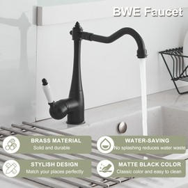 BWE Black Kitchen Sink Faucet Single Handle High Arc Faucet for Kitchen Sink One Hole Wet Bar Sink Faucet Commercial Farmhouse Mixer Tap with Supply Hose,Matte Black