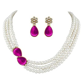 Aheli Pearl Mala Rani Collar rosa con pendientes para mujeres niñas India Tradicional Bollywood Fashion Stylish Ethnic Jewelry Set