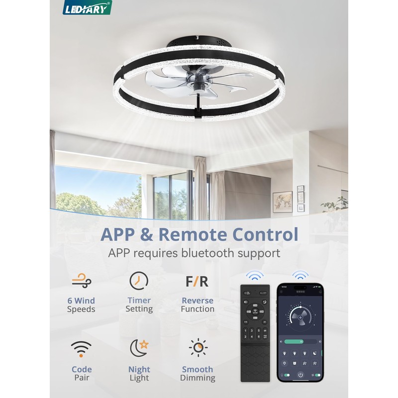 LEDIARY Ceiling Fans with Lights and Remote, 20'' Low Profile